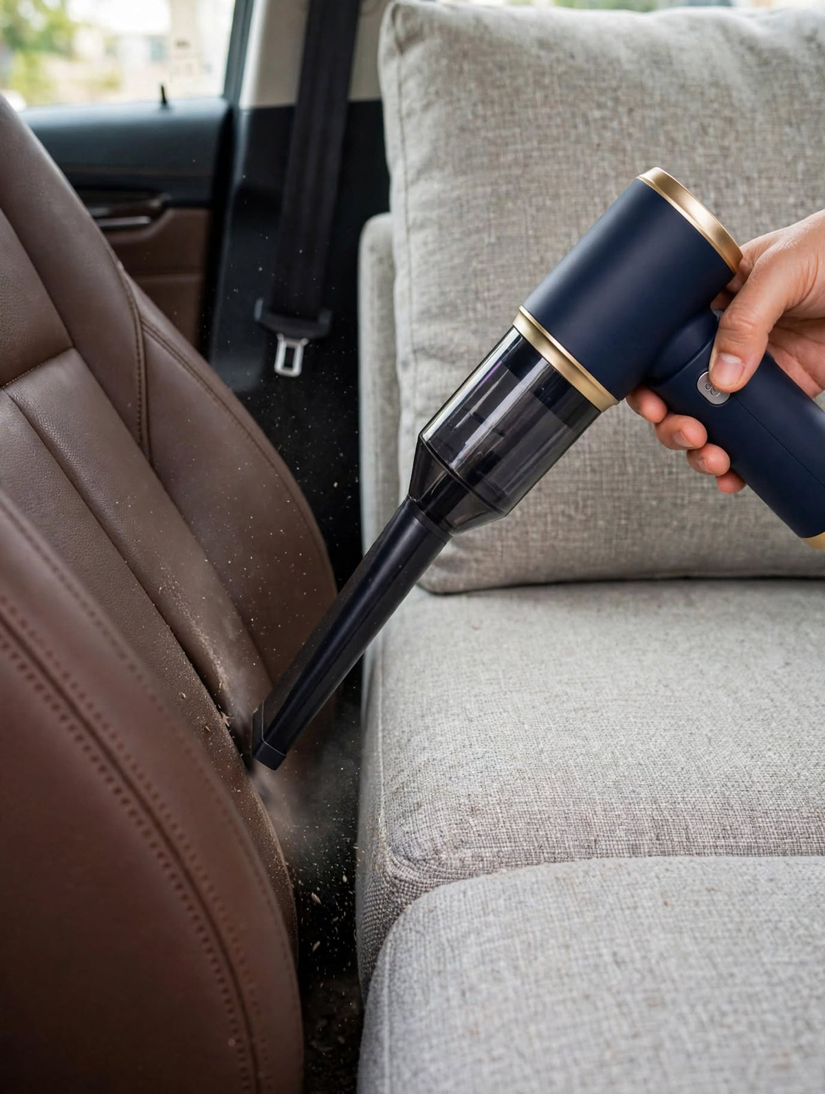 QEVUNIA AIRVA limpiando el asiento trasero del coche