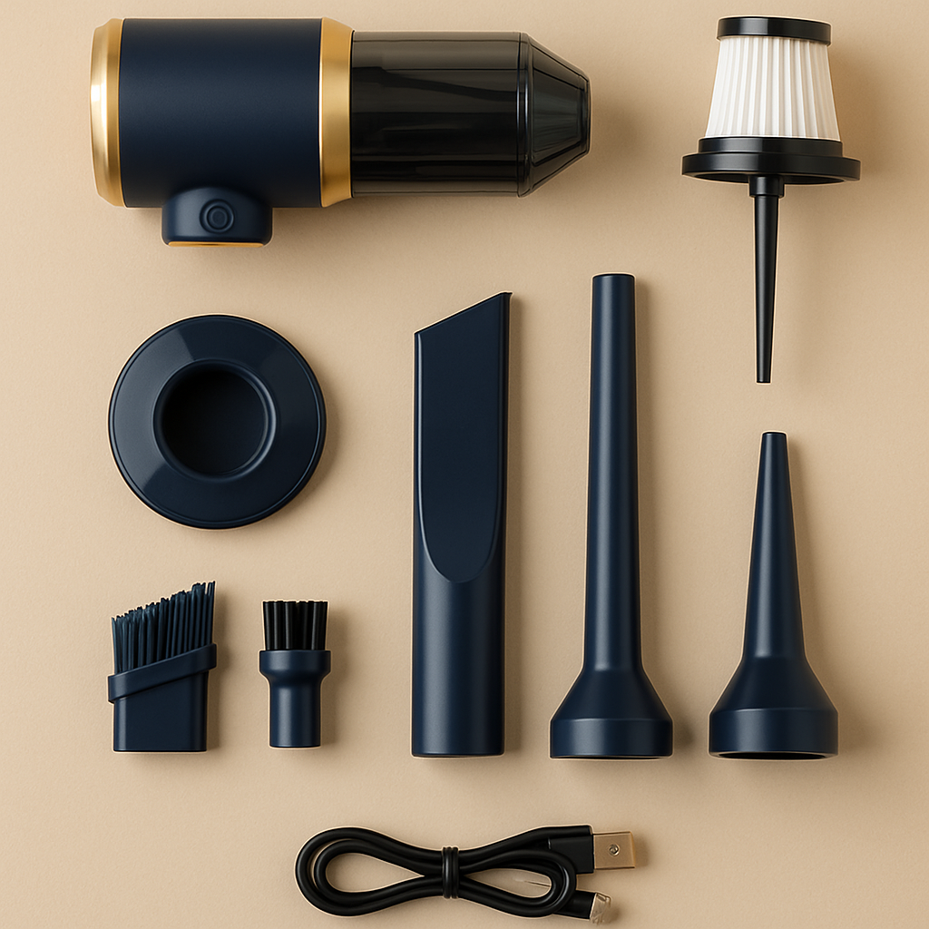 QEVUNIA AIRVA con todos sus accesorios en flat lay