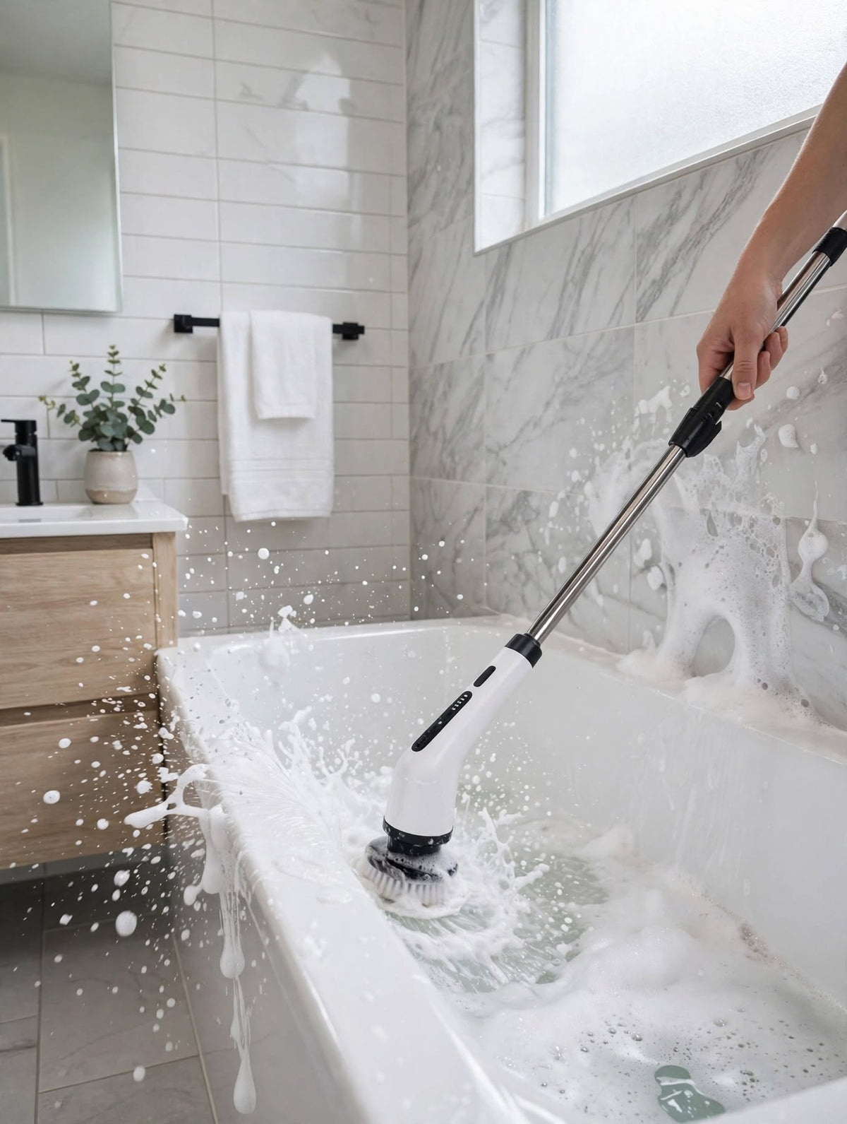 QEVUNIA ALTIA limpiando una superficie del baño