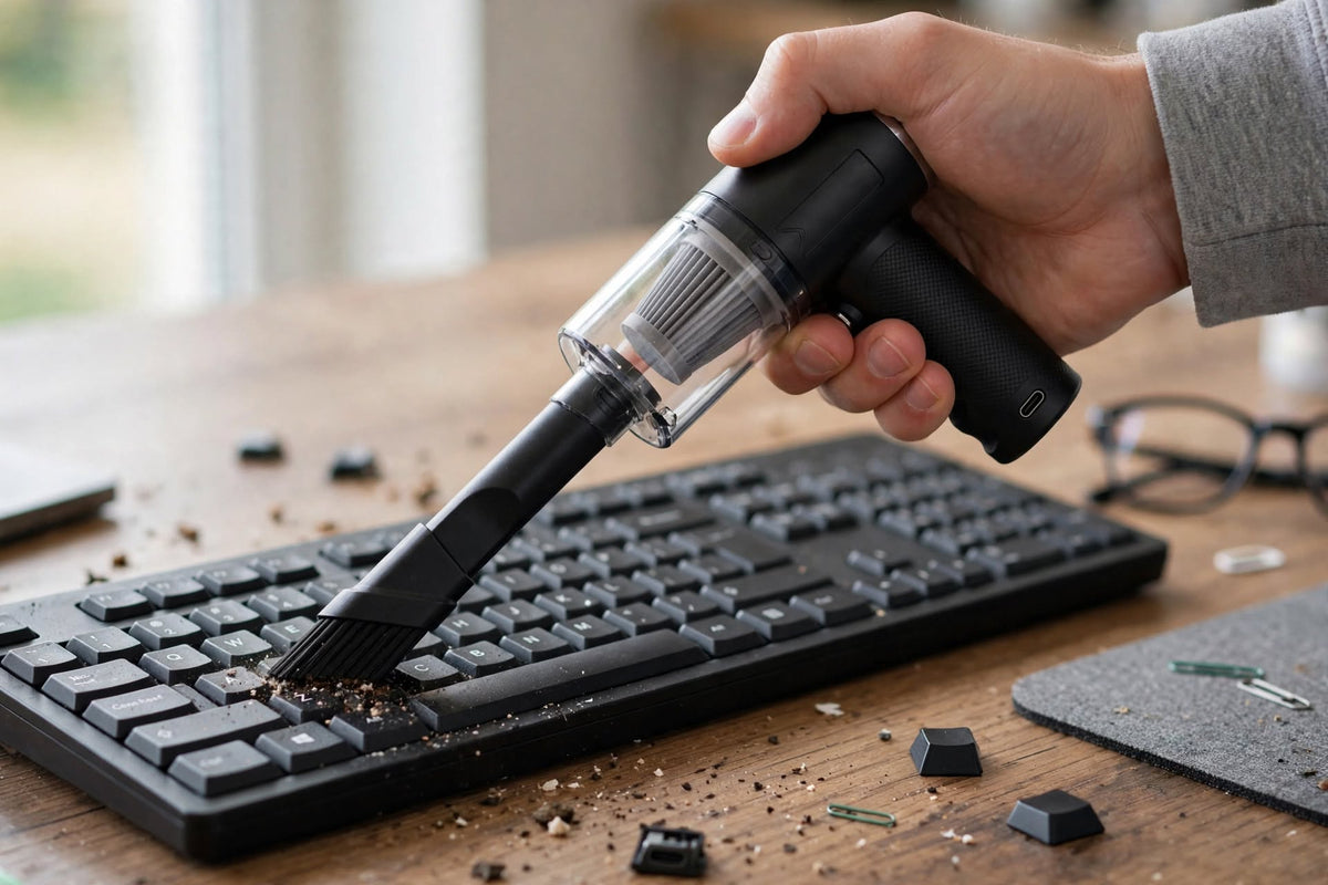 QEVUNIA VELORA limpiando un teclado