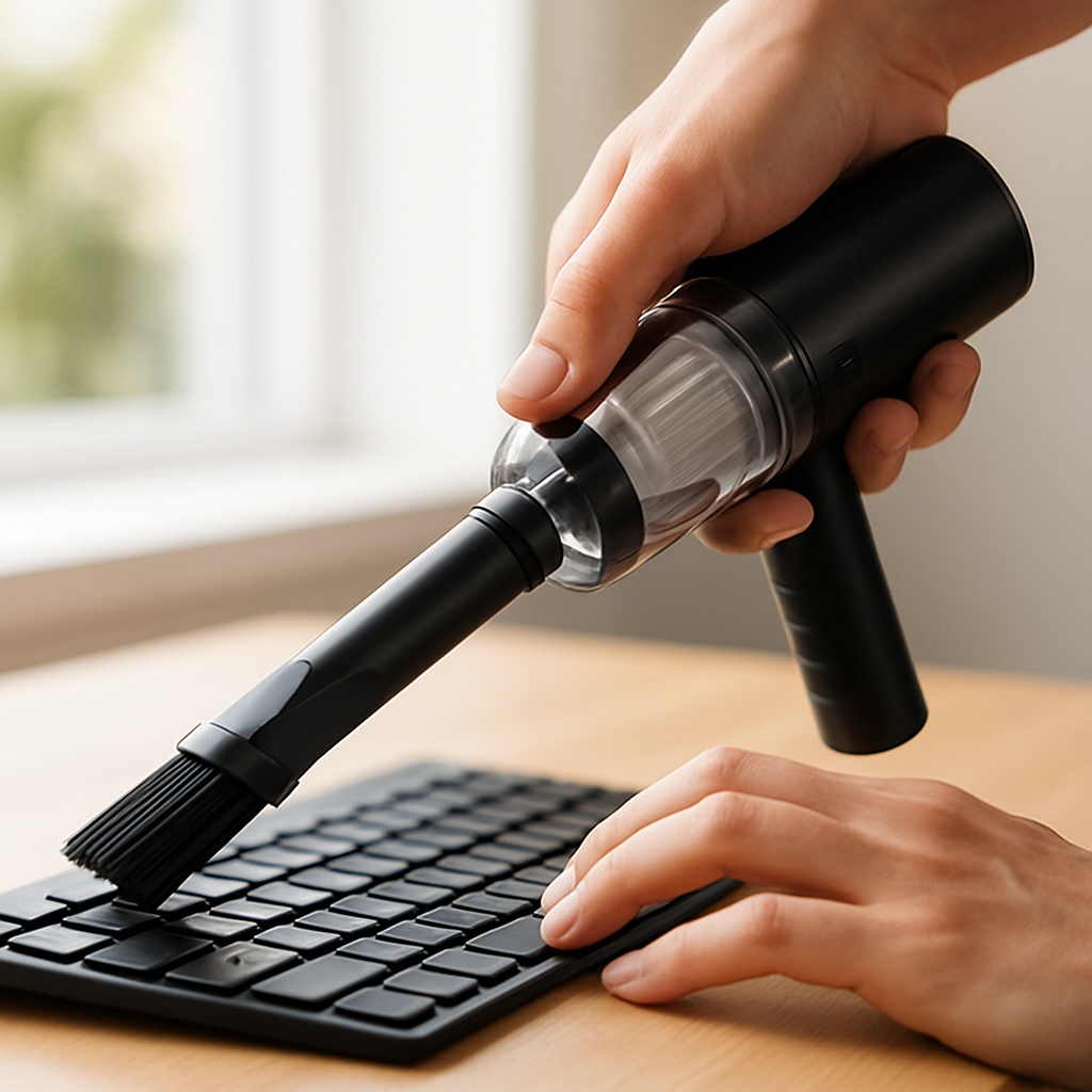 QEVUNIA VELORA en la mano limpiando un teclado