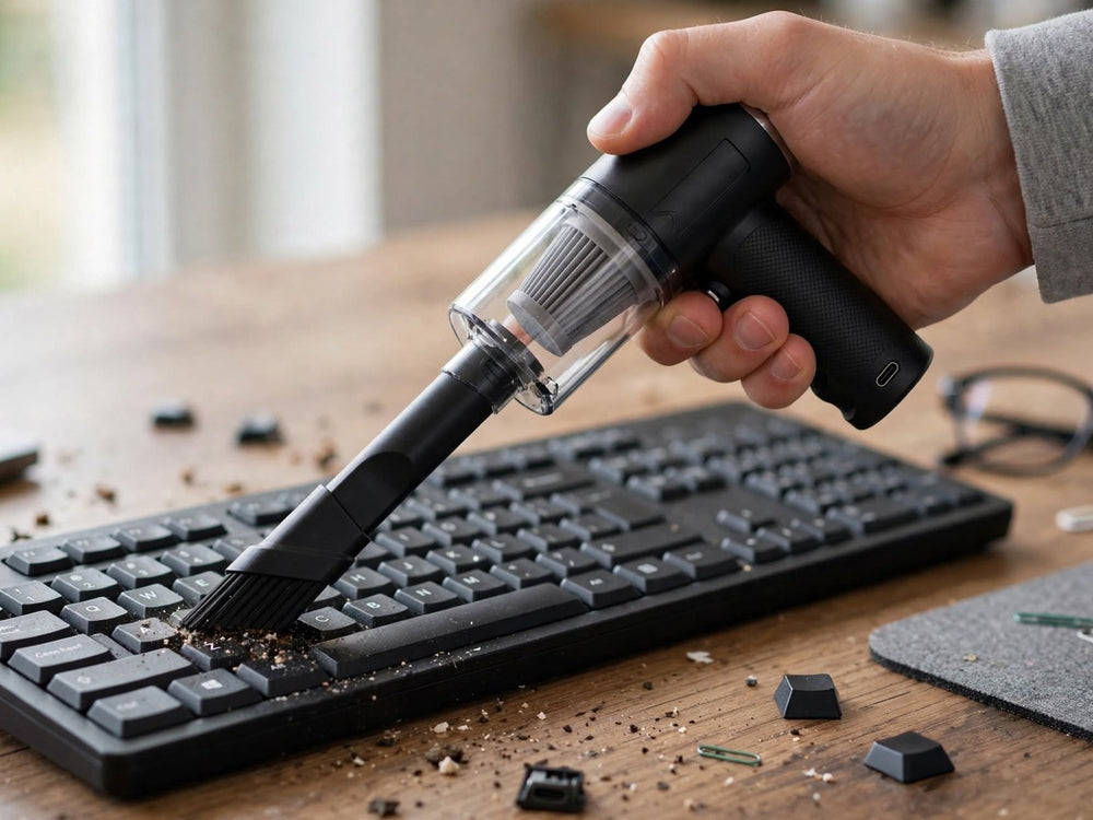 Aspiradora de mano QEVUNIA limpiando un teclado